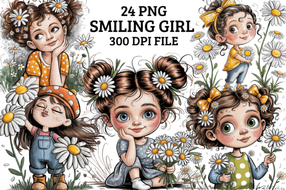 Download Smiling Girl with Daisies Clipart PNG - Png Collection