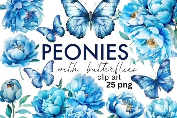 Download Watercolor Blue Peony and Butterfly PNG - Png Collection