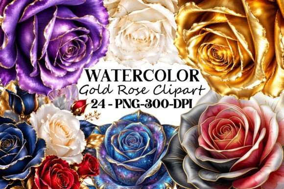Download Watercolor Gold Rose Clipart PNG Bundle - Png Collection