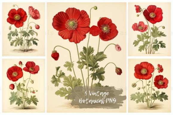Download Poppies Vintage Botanical PNG Set - Png Collection