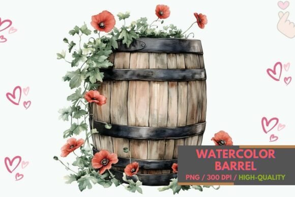 Download Watercolor Barrel with Red Poppies PNG - Png Collection